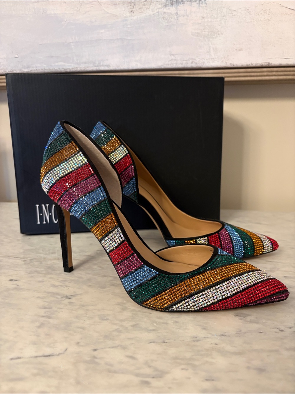INC International Concepts Multicolor Rhinestone Striped Pointed-Toe Pumps 6